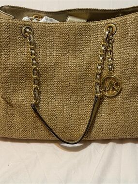 Michael Kors Gold-Tone Straw Tote Chain Handles and MK Charm Susannah Never Used